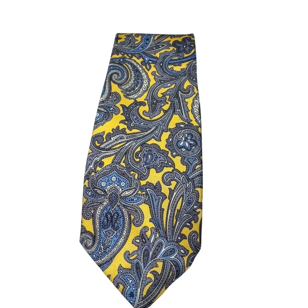 Jos A Bank Silk Tie Mens One Size Yellow Blue Paisley Executive‎ Collection